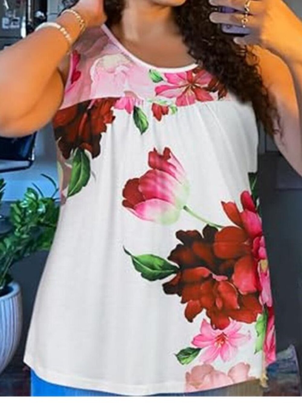 Womens Tank Top Crewneck Sleeveless Floral Tunic Shirt - Picture 2 of 6